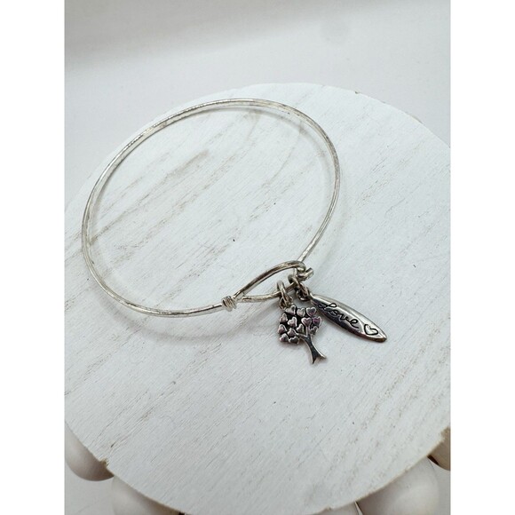 Sterling Silver Dainty Bangle Bracelet With Love And Tree Charms Hook Closure - Picture 2 of 8